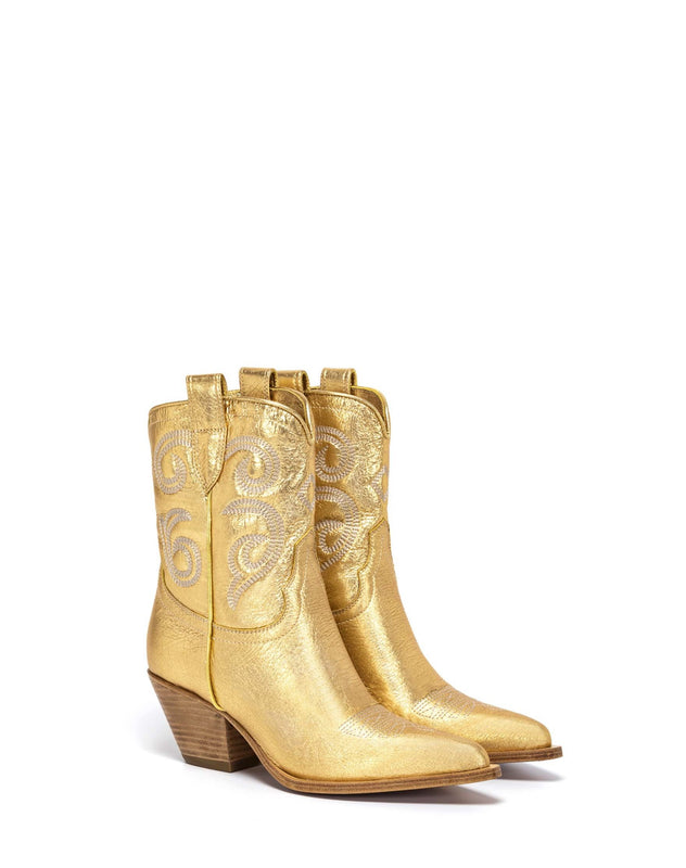PERLA Women's Ankle Boots in Gold Laminated Leather | Off-White Embroidery_Side_01